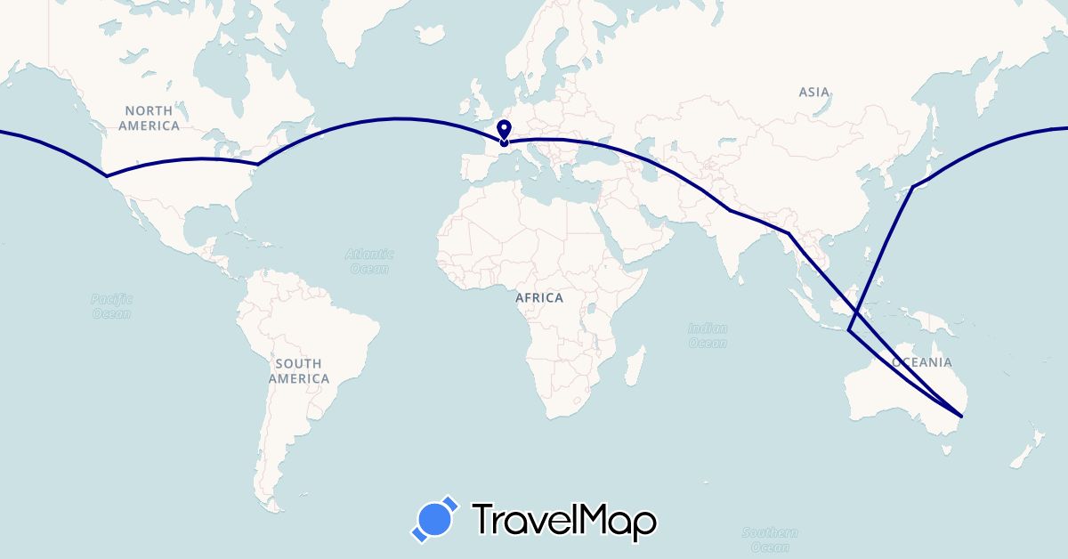 TravelMap itinerary: driving in Australia, France, Indonesia, India, Japan, Myanmar (Burma), Thailand, United States (Asia, Europe, North America, Oceania)